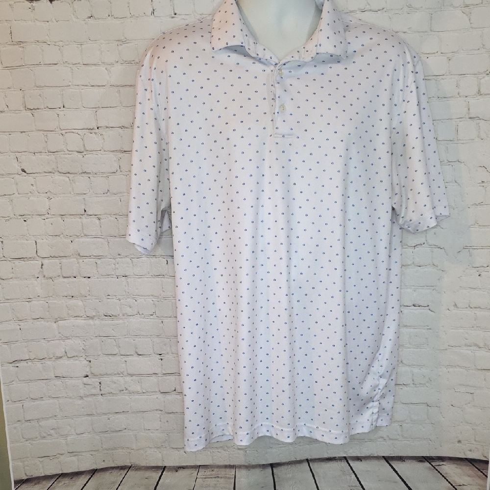Greg Norman ML75 Play Dry Golf Polo XL White Blue Geometric‎ Dot Shark Size XL
